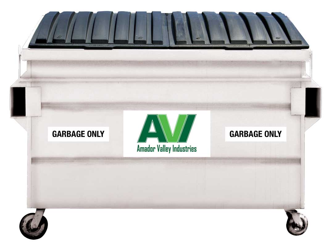 White garbage dumpster with AVI logo, which is used to collect apartment garbage