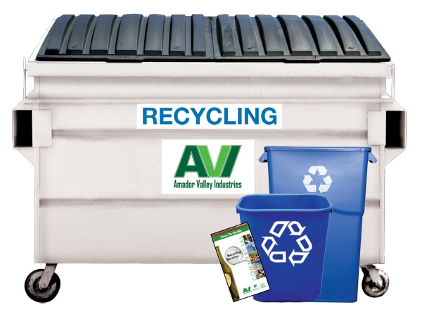 Commercial indoor recycling bins next to a large outdoor recycling dumpster labeled recycling
