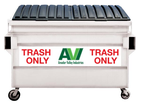 Commercial garbage dumpster labeled as Trash Only with the AVI logo