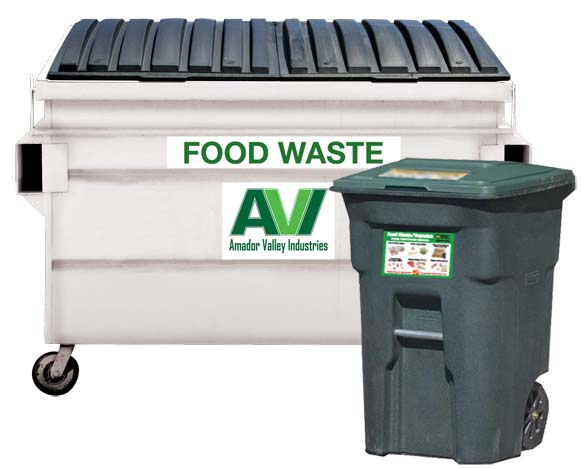 A large apartment food waste dumpster with a smaller composting collection cart in front it.