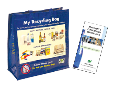 A reusable recycling bag and Recycling How To Guide are available for free