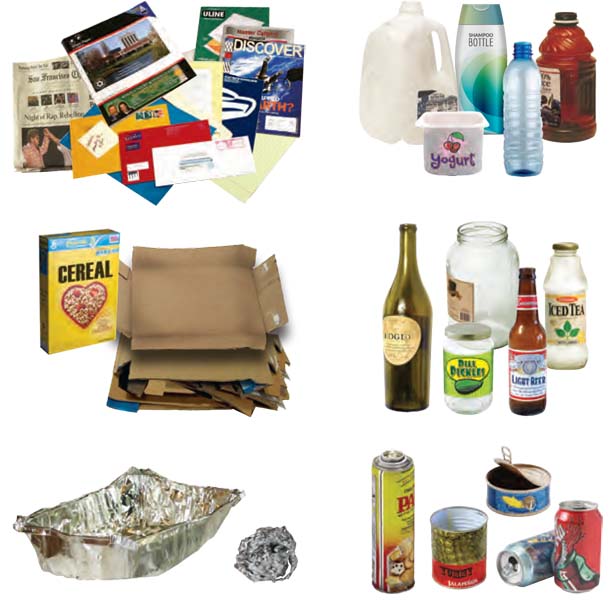 Recyclable items from your apartment, including metal cans, dry paper, and flattened cardboard