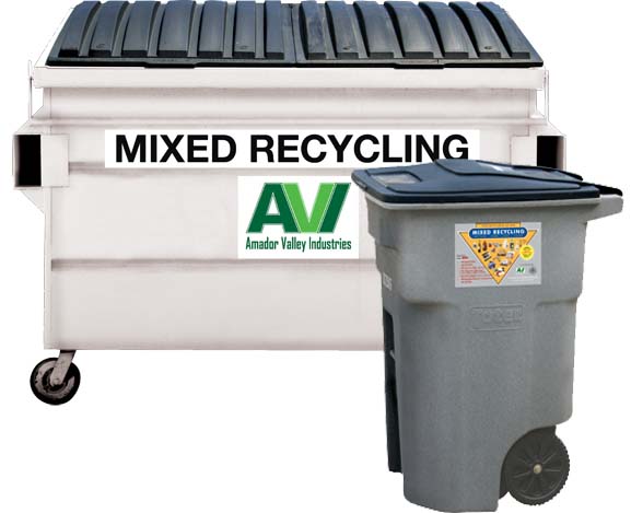 A large apartment recycling dumpster with a smaller recycling collection cart in front it.