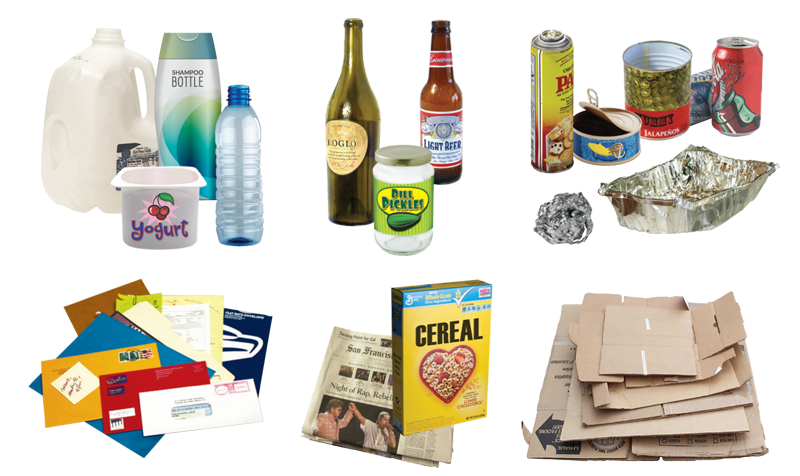 Residents can recycle mixed paper, Cardboard, Cans, Glass bottles & jars, and Aluminum foil & pans