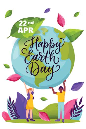 An illustration of two people holding up a large globe with the words Happy Earth Day