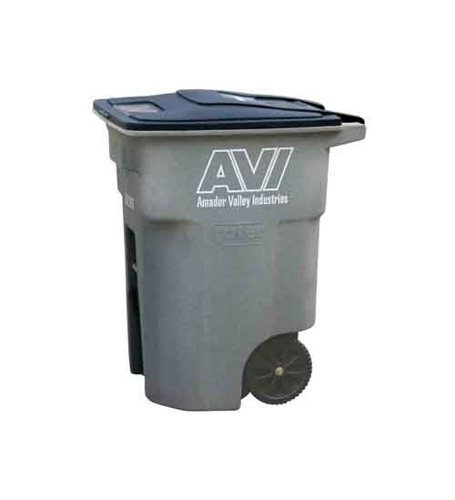 Black lid cart used for recycling collection shown with the Amador Valley Industries logo
