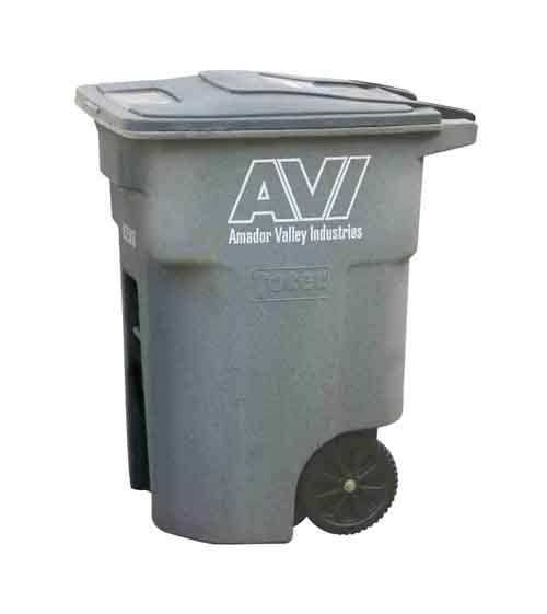 Gray lid cart used for garbage collection shown with the Amador Valley Industries logo