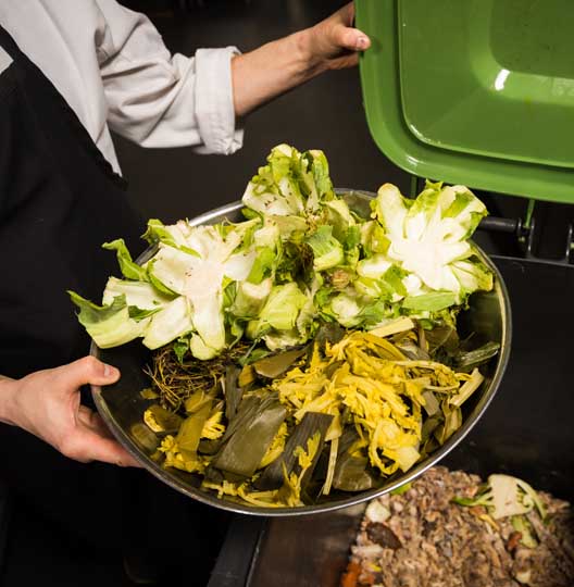 Chef emptying vegetable scraps into a composting bin